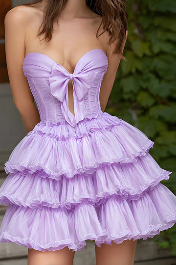 Lilac A Line Corset Tiered Strapless Homecoming Dress With Ruffles